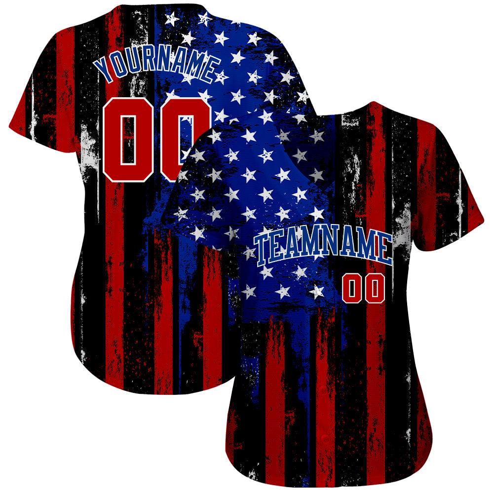 Custom Baseball Jersey Black Red Royal-White 3D Eagle American Flag Authentic Men's Size:XL