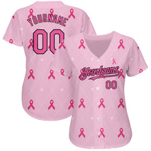 Load image into Gallery viewer, Custom Pink Black 3D Pink Ribbon Breast Cancer Awareness Month Women Health Care Support Authentic Baseball Jersey
