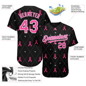 Custom Black Pink-White 3D Pink Ribbon Breast Cancer Awareness Month Women Health Care Support Authentic Baseball Jersey