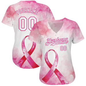 Custom Pink White-Hot Pink 3D Pink Ribbon Breast Cancer Awareness Month Women Health Care Support Authentic Baseball Jersey