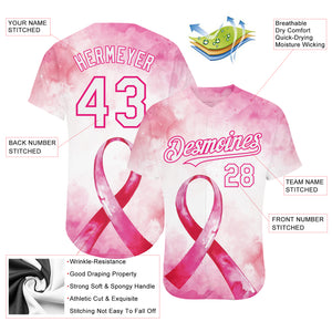 Custom Pink White-Hot Pink 3D Pink Ribbon Breast Cancer Awareness Month Women Health Care Support Authentic Baseball Jersey