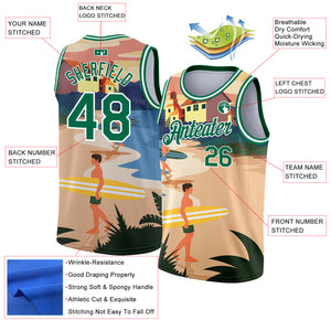 Custom Sand Kelly Green-White 3D Pattern Tropical Beach Hawaii Palm Trees Authentic Basketball Jersey