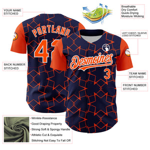 Custom Navy Orange-White 3D Pattern Design Star Lines Authentic Baseball Jersey