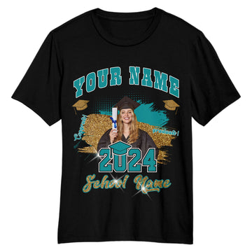 Custom Black Teal-White 3D Graduation Performance T-Shirt