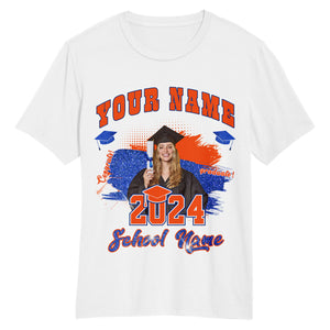 Custom White Orange-Royal 3D Graduation Performance T-Shirt