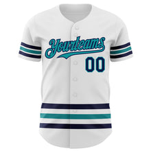 Load image into Gallery viewer, Custom White Navy-Teal Line Authentic Baseball Jersey
