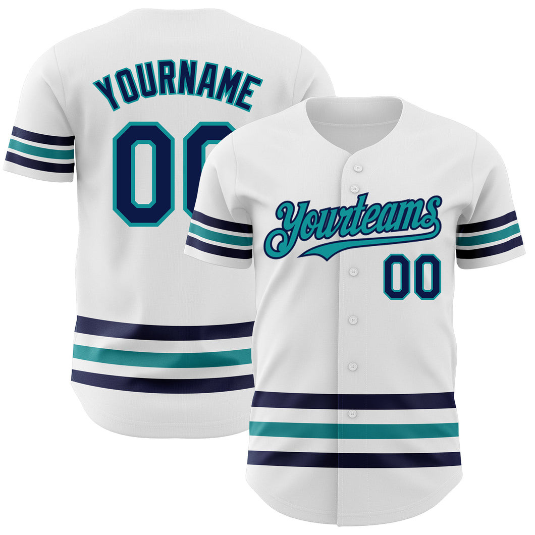 Custom White Navy-Teal Line Authentic Baseball Jersey