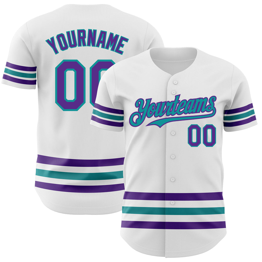 Custom White Purple-Teal Line Authentic Baseball Jersey