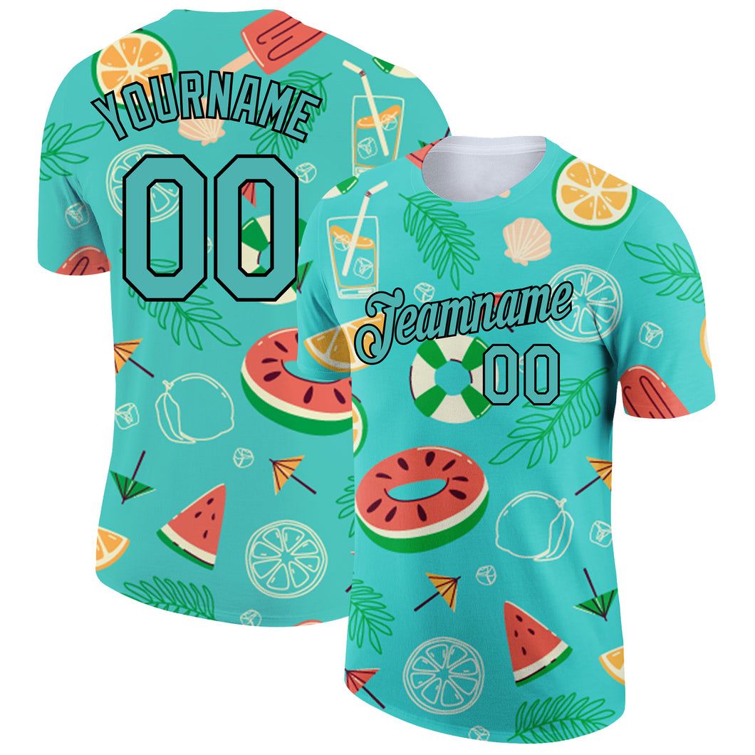 Custom Aqua Black 3D Pattern Design Summer Holiday Fruit Performance T-Shirt