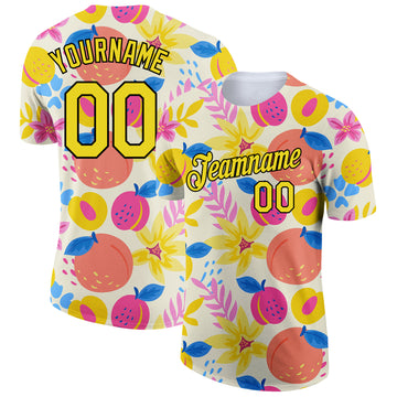 Custom Cream Neon Yellow-Black 3D Pattern Design Summer Holiday Fruit Performance T-Shirt