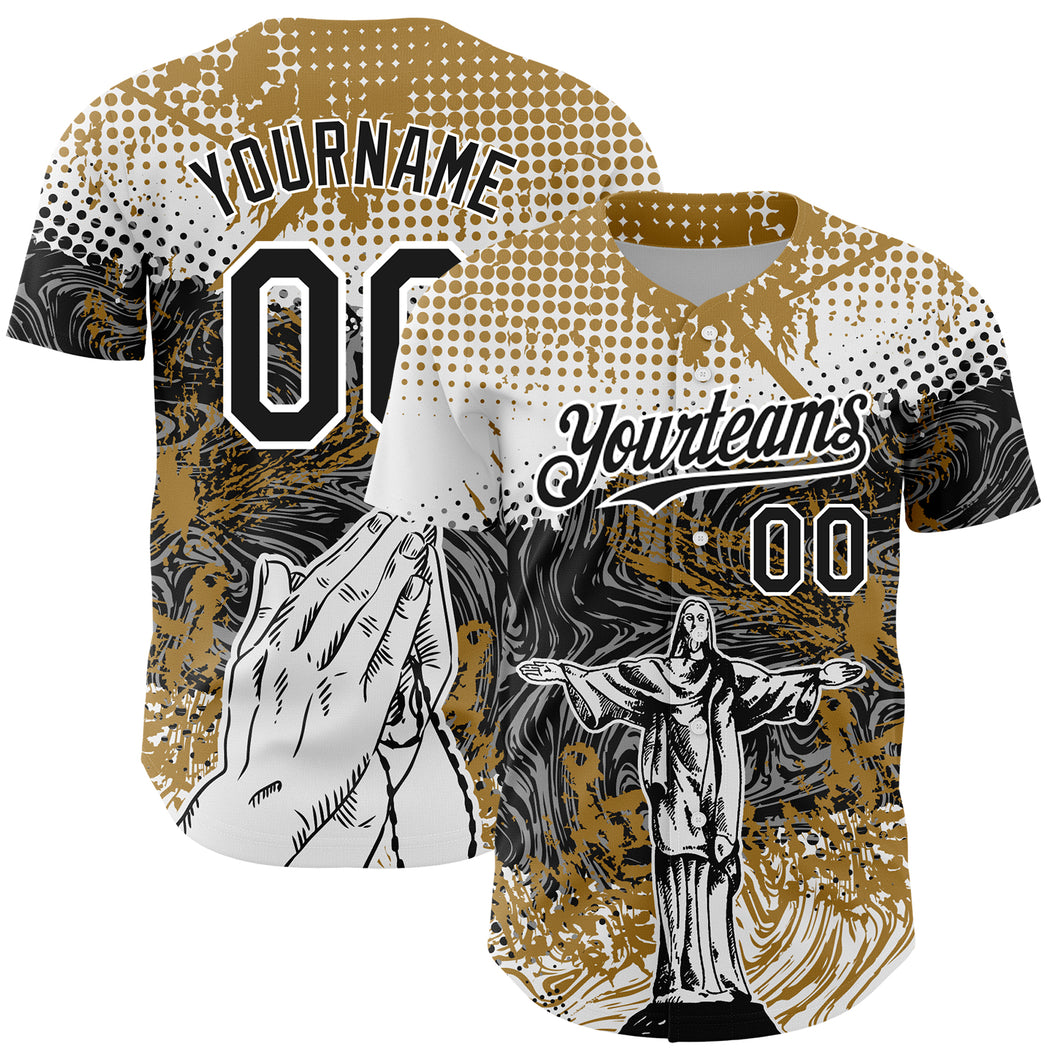 Custom Old Gold Black 3D Pattern Design Religion Jesus Christ Authentic Baseball Jersey