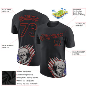 Custom Black Red 3D Skull With American Flag Performance T-Shirt