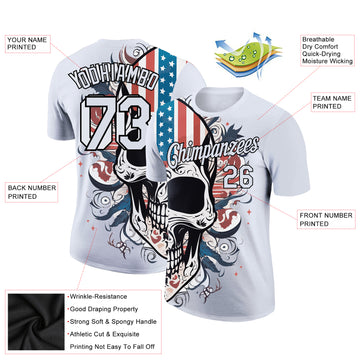 Custom White Black 3D Skull With American Flag Performance T-Shirt