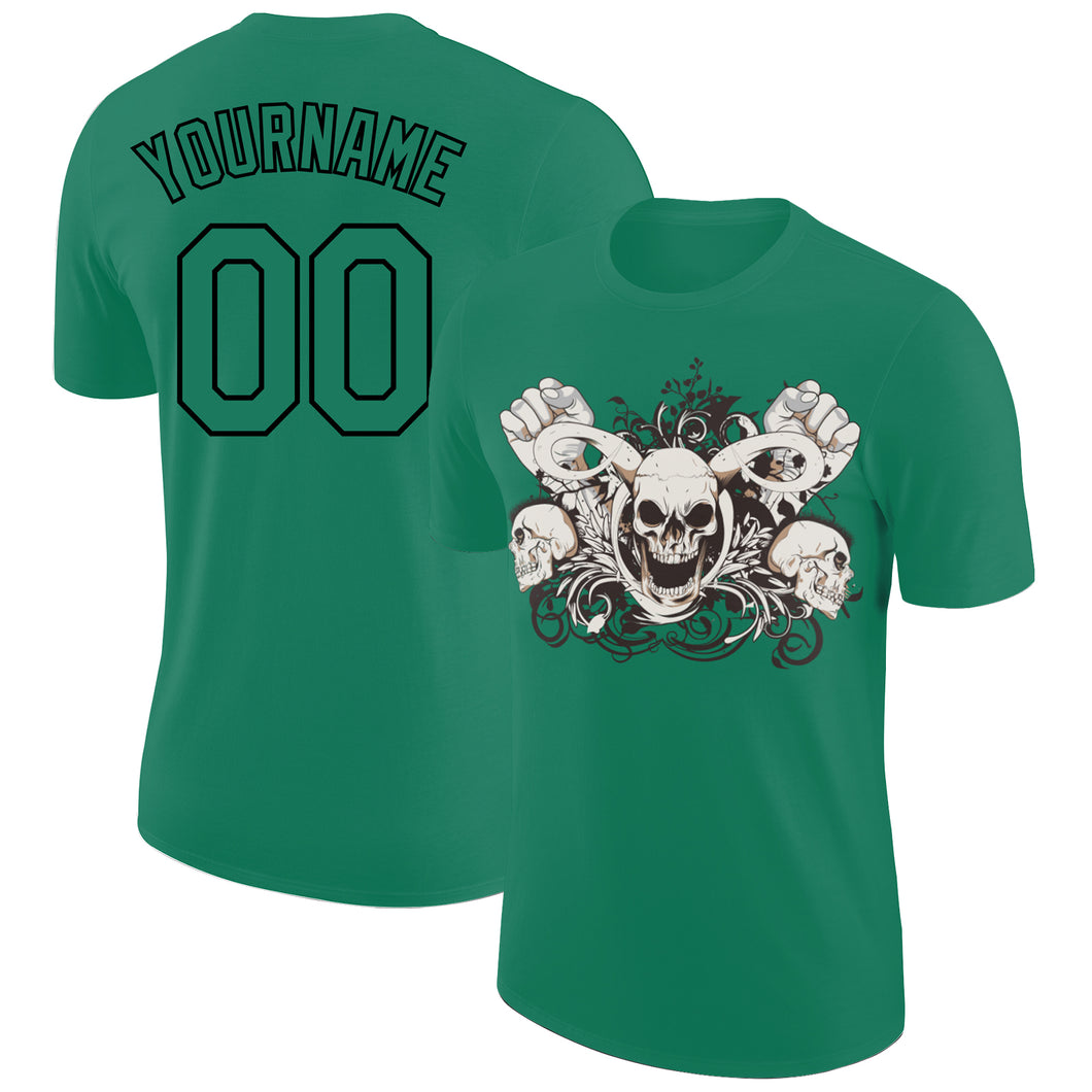 Custom Kelly Green Black 3D Skull Fashion Performance T-Shirt