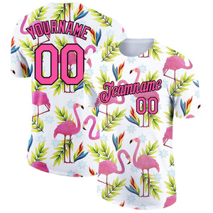 Custom White Pink-Black 3D Pattern Design Tropical Hawaii Flamingo Performance T-Shirt