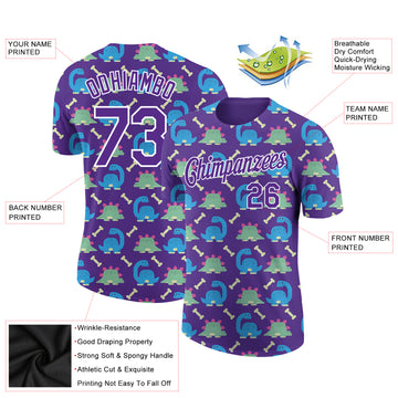 Custom Purple White 3D Pattern Design Dinosaur Performance T-Shirt