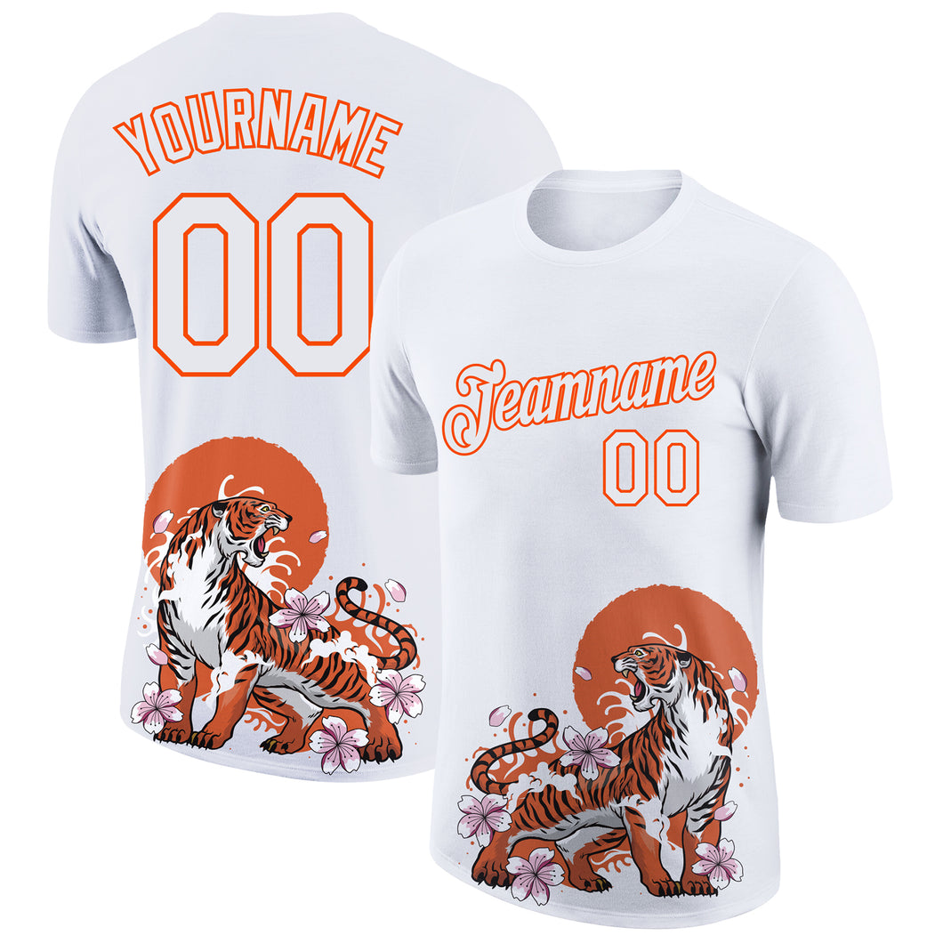 Custom White Orange 3D Pattern Design Tiger Performance T-Shirt