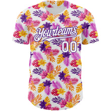 Load image into Gallery viewer, Custom White Purple 3D Pattern Design Tropical Flower And Hawaii Palm Leaves Authentic Baseball Jersey
