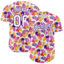 Load image into Gallery viewer, Custom White Purple 3D Pattern Design Tropical Flower And Hawaii Palm Leaves Authentic Baseball Jersey
