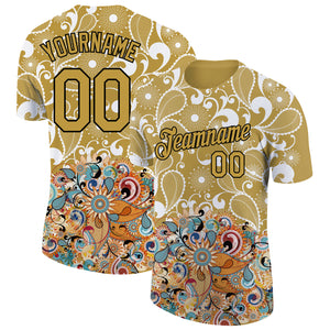 Custom Old Gold Black 3D Pattern Floral Design Performance T-Shirt