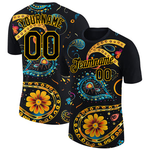 Custom Black Gold 3D Pattern Floral Design Performance T-Shirt