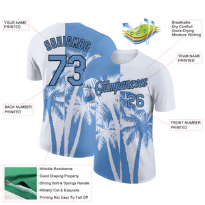 Custom White Light Blue-Black 3D Pattern Design Hawaii Coconut Trees Performance T-Shirt