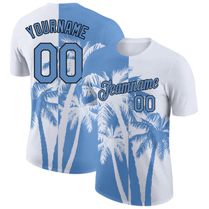 Custom White Light Blue-Black 3D Pattern Design Hawaii Coconut Trees Performance T-Shirt