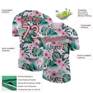 Custom Pink Medium Pink-Black 3D Pattern Design Hawaii Palm Leaves And Flowers Performance T-Shirt