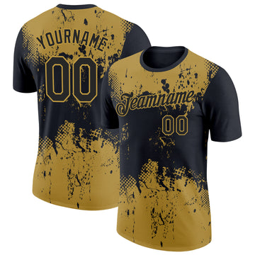 Custom Black Old Gold 3D Pattern Design Dripping Splatter Art Performance T-Shirt