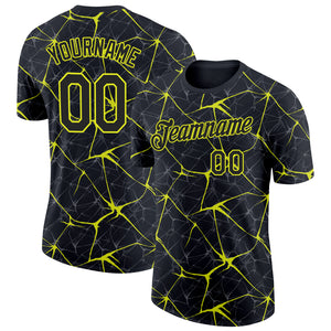 Custom Black Neon Yellow 3D Pattern Design Abstract Network Performance T-Shirt