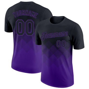 Custom Black Purple 3D Pattern Design Gradient Square Shapes Performance T-Shirt