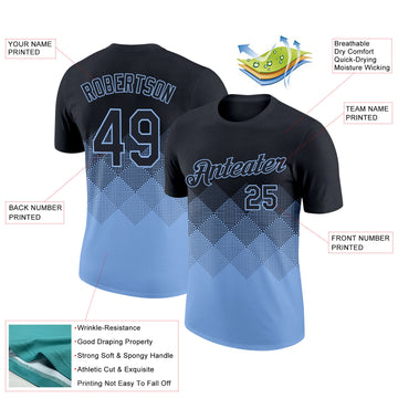 Custom Black Light Blue 3D Pattern Design Gradient Square Shapes Performance T-Shirt