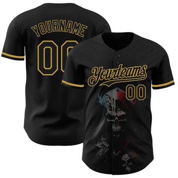 Custom Black Old Gold 3D Skull Fashion Authentic Baseball Jersey