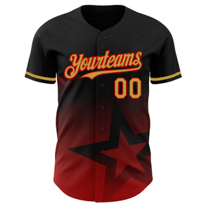 Custom Black Old Gold-Red 3D Pattern Design Gradient Style Twinkle Star Authentic Baseball Jersey