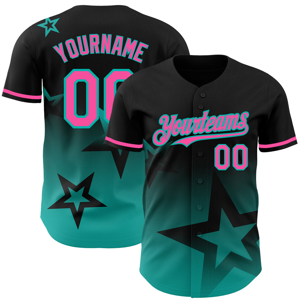 Custom Black Pink-Aqua 3D Pattern Design Gradient Style Twinkle Star Authentic Baseball Jersey