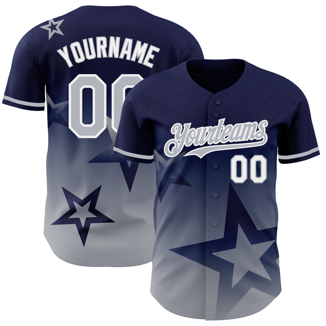 Custom Navy Gray-White 3D Pattern Design Gradient Style Twinkle Star Authentic Baseball Jersey