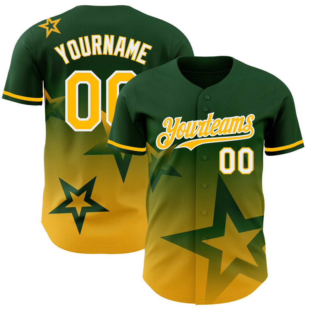 Custom Green Gold-White 3D Pattern Design Gradient Style Twinkle Star Authentic Baseball Jersey