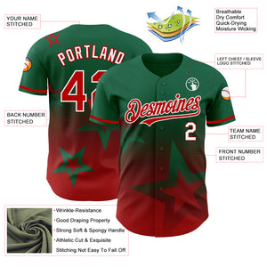 Custom Kelly Green Red-White 3D Pattern Design Gradient Style Twinkle Star Authentic Baseball Jersey