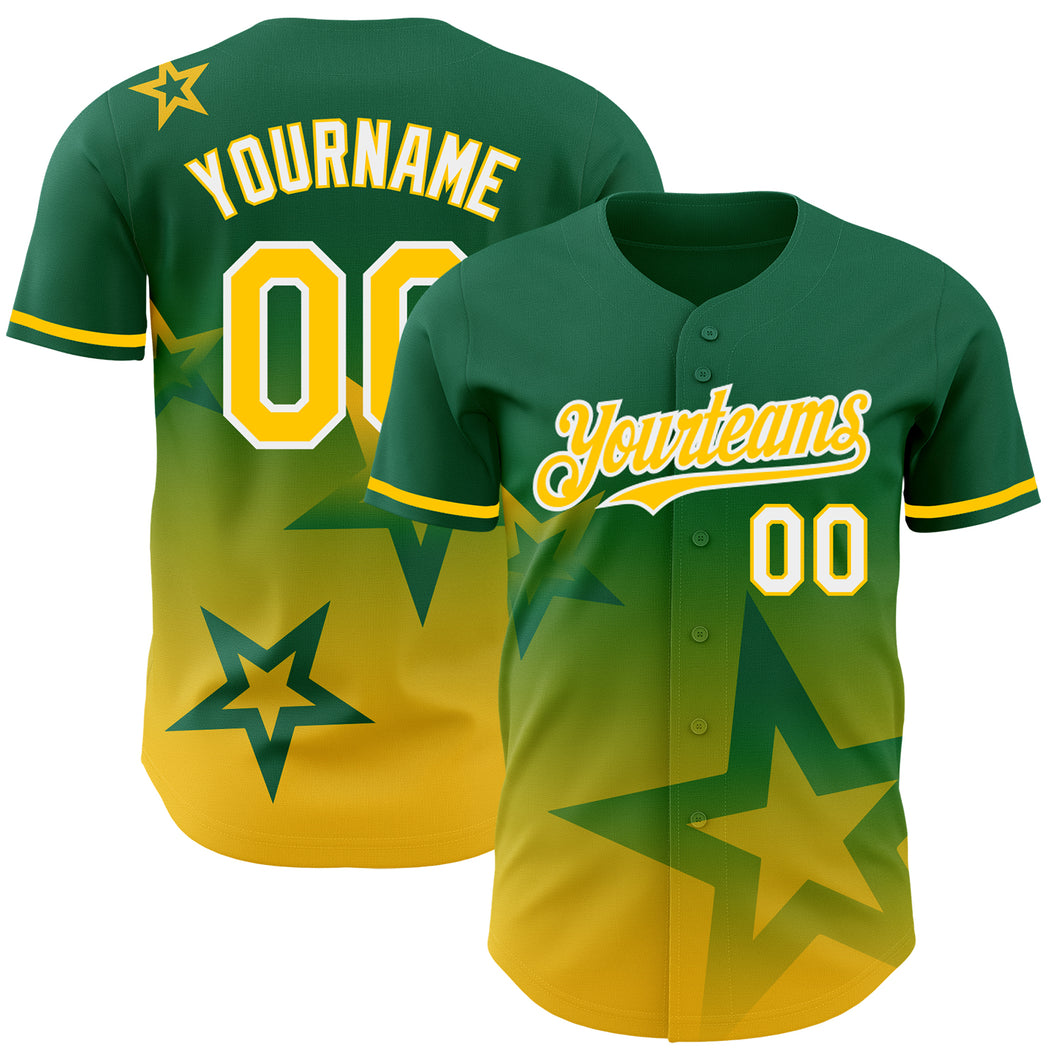 Custom Kelly Green Yellow-White 3D Pattern Design Gradient Style Twinkle Star Authentic Baseball Jersey