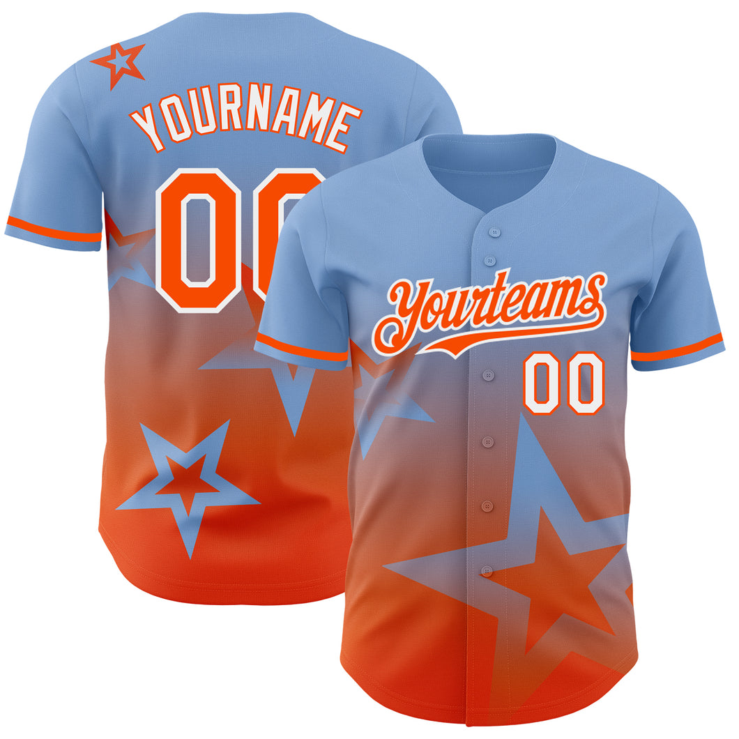 Custom Light Blue Orange-White 3D Pattern Design Gradient Style Twinkle Star Authentic Baseball Jersey