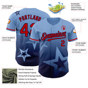 Custom Light Blue Red-Navy 3D Pattern Design Gradient Style Twinkle Star Authentic Baseball Jersey