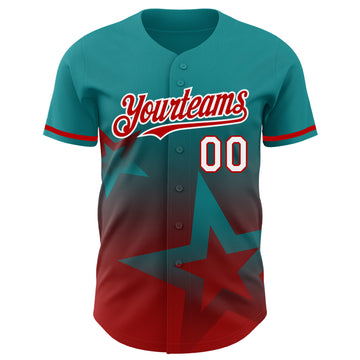 Custom Teal Red-White 3D Pattern Design Gradient Style Twinkle Star Authentic Baseball Jersey