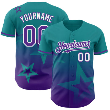 Custom Teal Purple-White 3D Pattern Design Gradient Style Twinkle Star Authentic Baseball Jersey