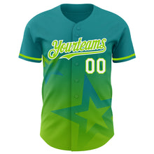 Load image into Gallery viewer, Custom Teal Neon Green-White 3D Pattern Design Gradient Style Twinkle Star Authentic Baseball Jersey
