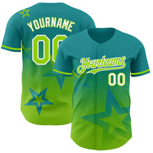 Load image into Gallery viewer, Custom Teal Neon Green-White 3D Pattern Design Gradient Style Twinkle Star Authentic Baseball Jersey
