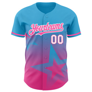 Custom Sky Blue Pink-White 3D Pattern Design Gradient Style Twinkle Star Authentic Baseball Jersey