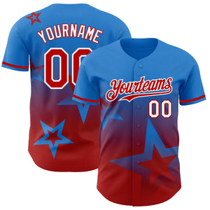 Custom Electric Blue Red-White 3D Pattern Design Gradient Style Twinkle Star Authentic Baseball Jersey