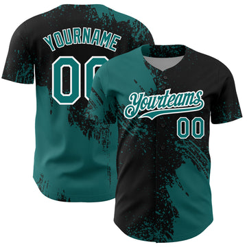 Custom Teal Black-White 3D Pattern Design Abstract Brush Stroke Authentic Baseball Jersey