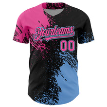 Load image into Gallery viewer, Custom Pink Black-Light Blue 3D Pattern Design Abstract Brush Stroke Authentic Baseball Jersey
