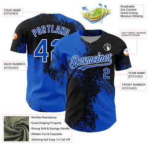 Custom Thunder Blue Black-White 3D Pattern Design Abstract Brush Stroke Authentic Baseball Jersey